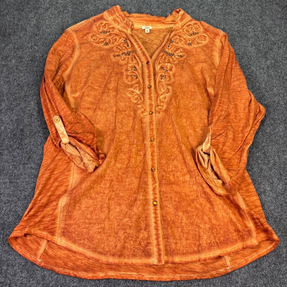 Reba Woman Top Womens 2X Orange Embroidered Studded Boho Button Up Western Shirt